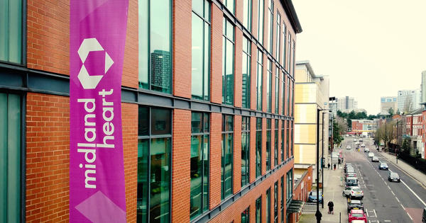 Aerial shot of the Bath Row office with a Midland Heart banner