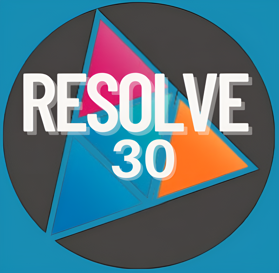 Resolve's logo featuring triangles and a circle with text saying Resolve 30